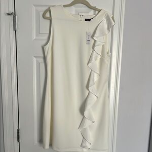 White House Black Market Cream Asymmetrical Ruffled Sheath Dress